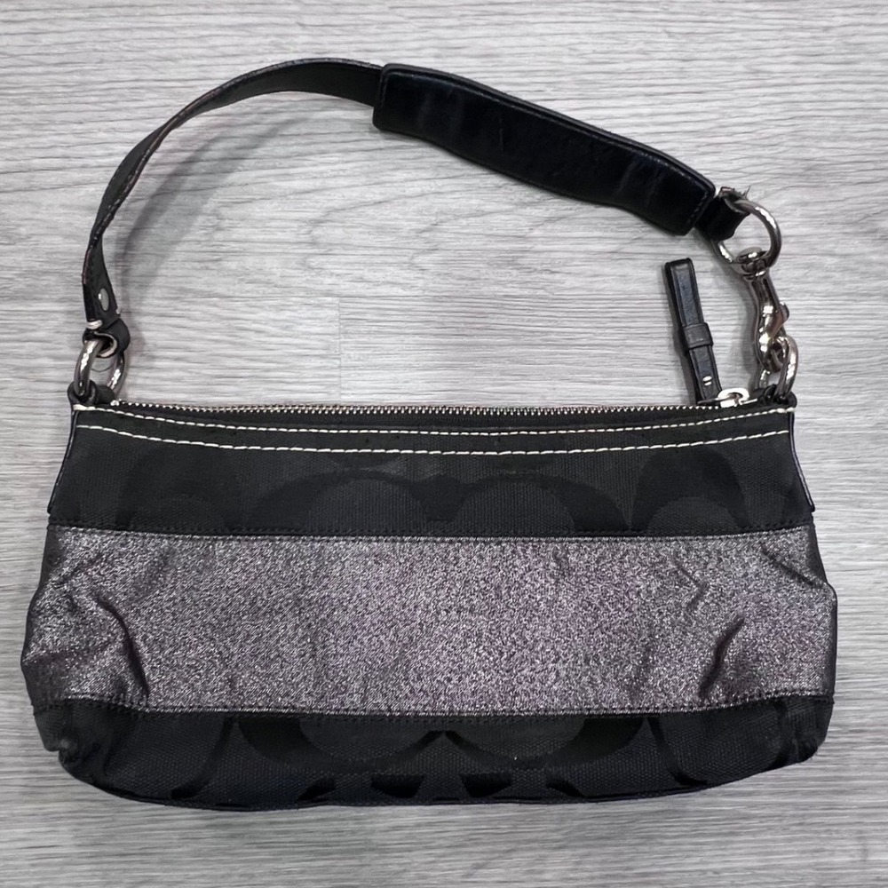 Coach Signature Stripe Demi Baguette Black Silver Metallic Canvas G0767-11096